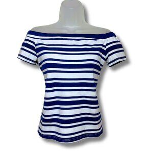 Off Shoulder Striped Top Nautical Blue White Stretch Tee Retro Summer